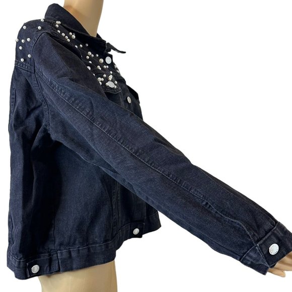 Womens Wash Denim Jackets Large Black White Mid Length Decorated With Pearls - Picture 8 of 16